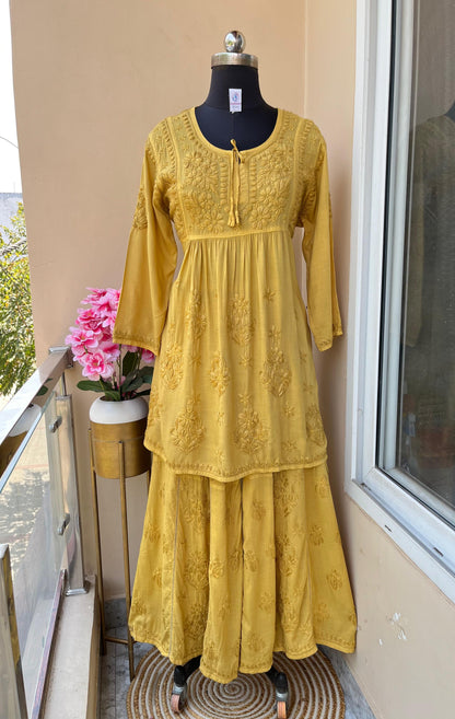 Mustard Premium Modal Silk Chikankari Kurti and Gharara Set Limited Stock - Inayakhan Shop 