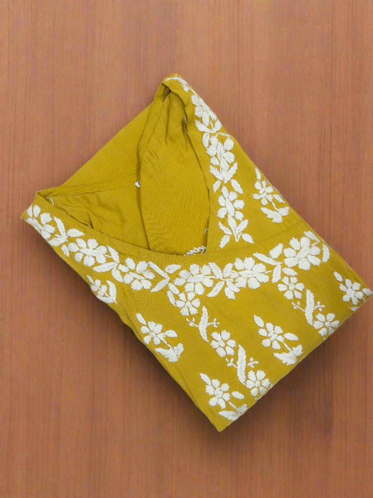 Mustard Roman Silk Chikankari Angrakha Kurti and Pant Set - Inayakhan Shop 