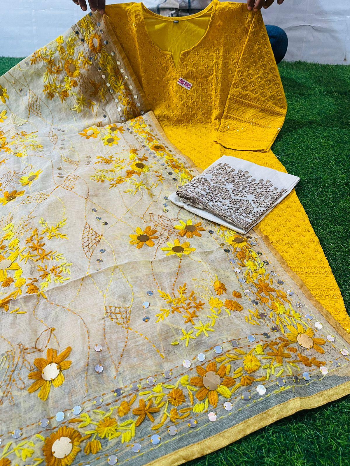 Mustard Yellow Chikankari Sequence Work Ready-to-Wear 3-Piece Set: Kurti, Plazo, Phulkari Pom Pom Dupatta - Inayakhan Shop 