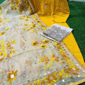 Mustard Yellow Chikankari Sequence Work Ready-to-Wear 3-Piece Set: Kurti, Plazo, Phulkari Pom Pom Dupatta
