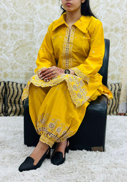 Mustard Yellow Eid Special Designer Gold Zari Embroidered Afghani Co-Ord Set - Inayakhan Shop 