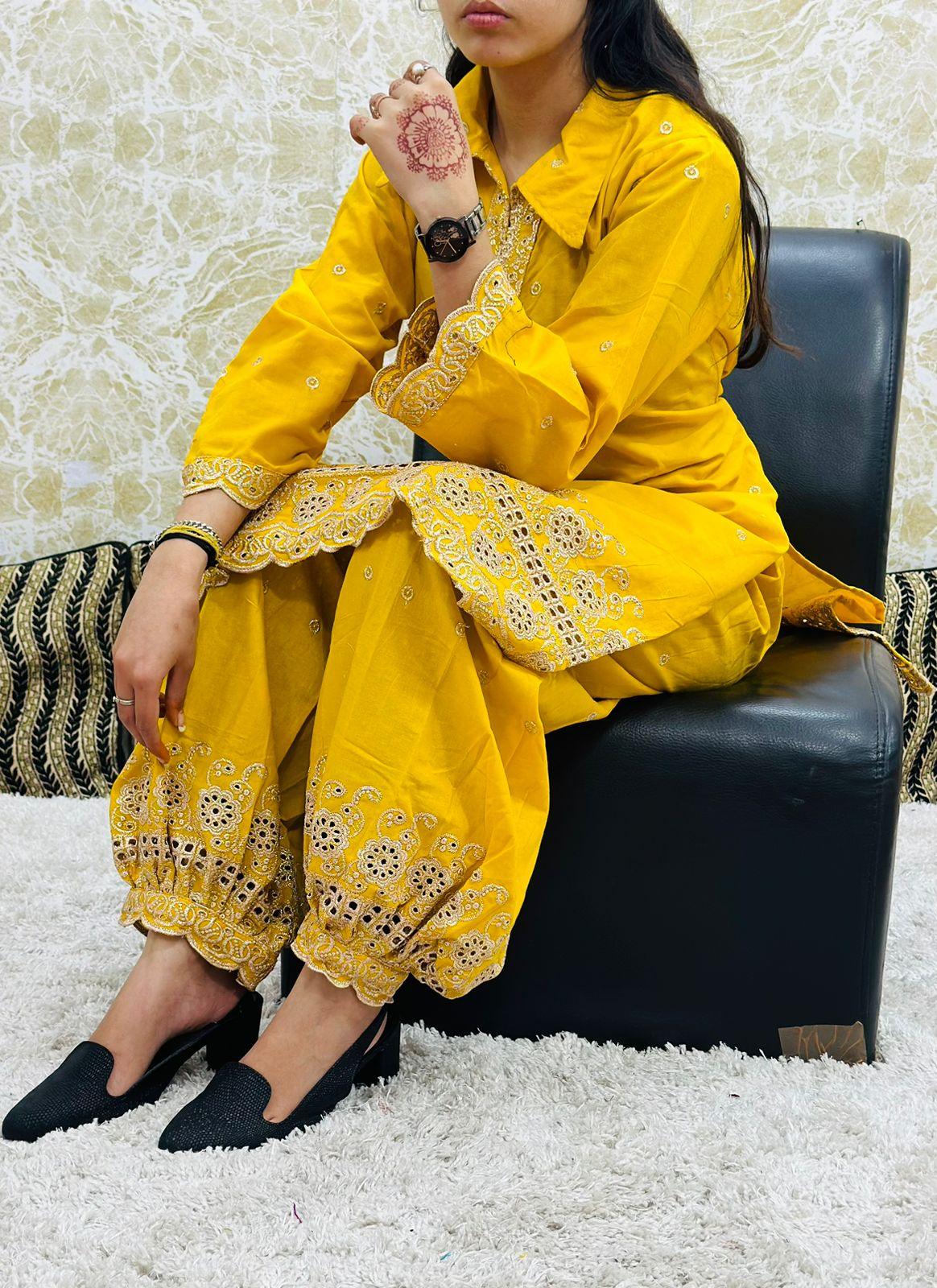 Mustard Yellow Eid Special Designer Gold Zari Embroidered Afghani Co-Ord Set - Inayakhan Shop 