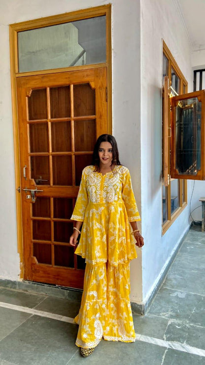 Mustard Yellow Mul Cotton Garara Set 2-Piece Set - Inayakhan Shop 