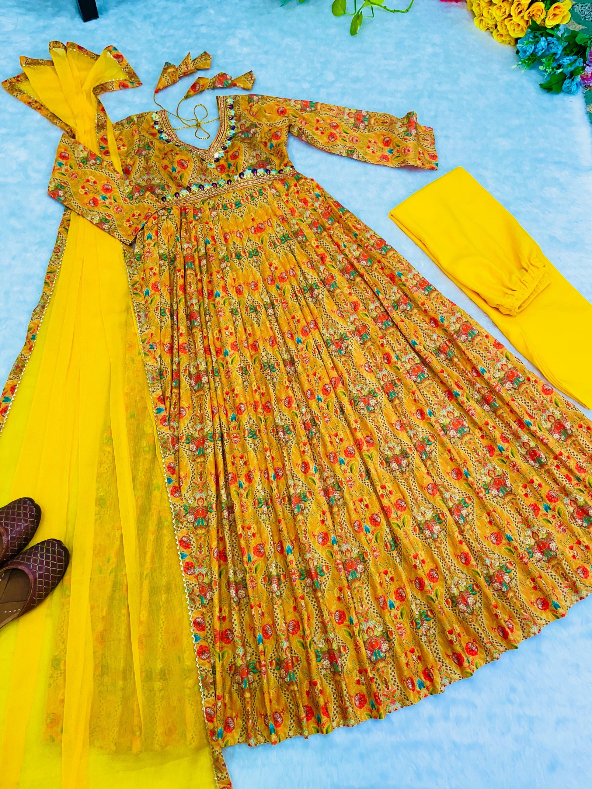 Mustard yellow Rakhi Special Party Wear Alia Cut Anarkali Dress with Dupatta and Pant - Inayakhan Shop 