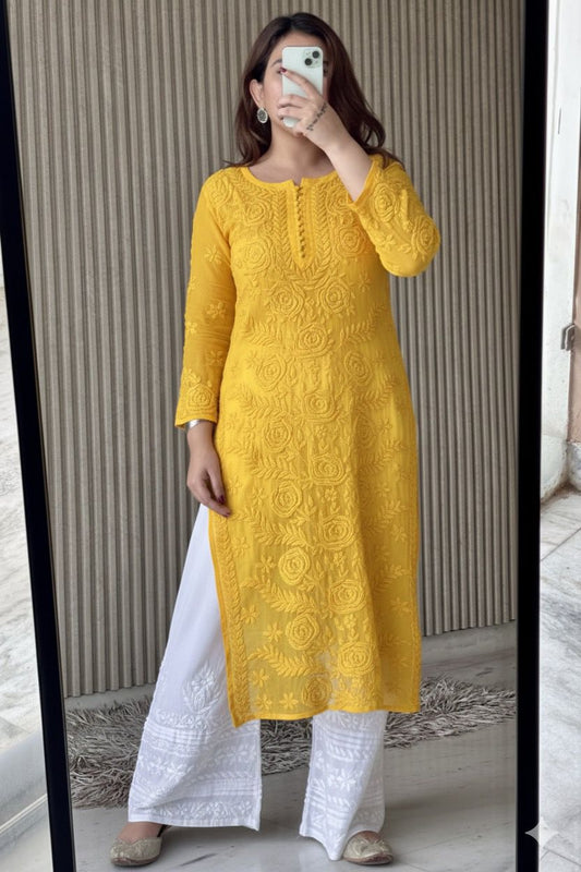 Mustard Yellow Lucknowi Chikankari Rose Viscose Georgette Kurta Set