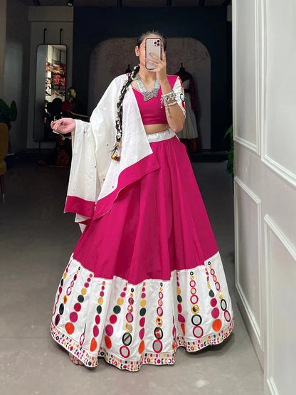 Pink Embroidered Cotton Garba Chaniya Choli with Original Mirror Work