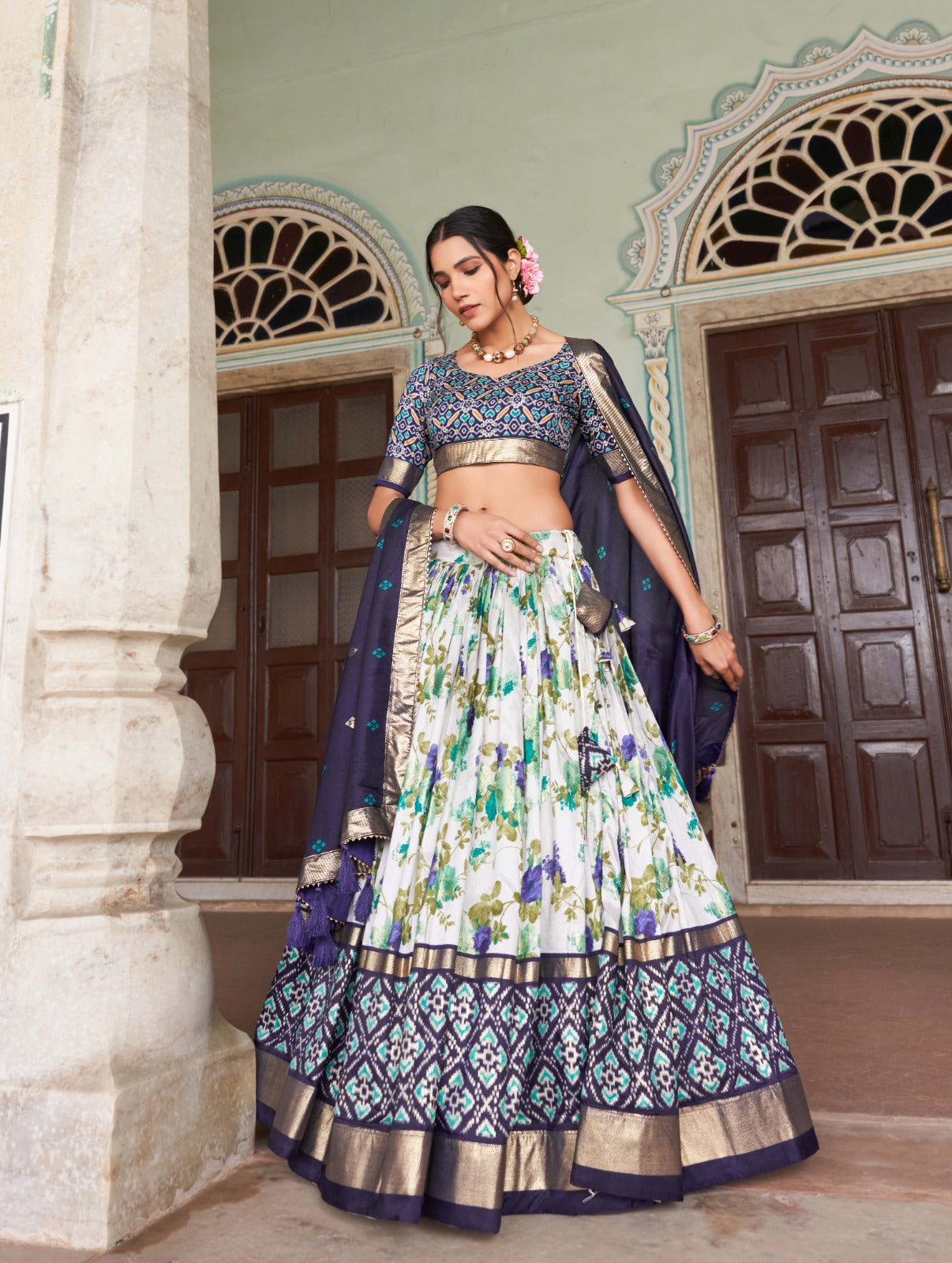 Navy Floral Serene Splendor Tussar Silk Lehenga Choli Dupatta Set Inayakhan Shop