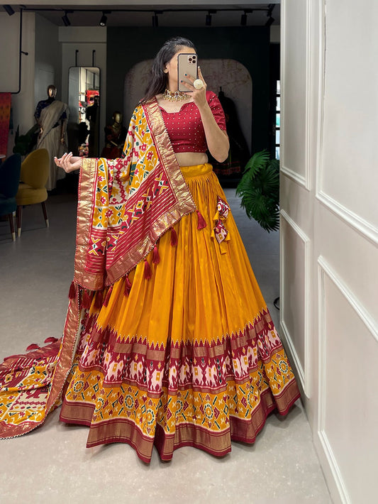 Mustard Exquisite Tussar Silk Patola Print Chaniya Choli for Navratri and Garba Festivities