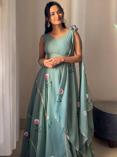 Green Modern Elegance: Hand-Painted Georgette Lehenga Set with Draped Dupatta Blouse