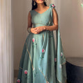 Green Modern Elegance: Hand-Painted Georgette Lehenga Set with Draped Dupatta Blouse