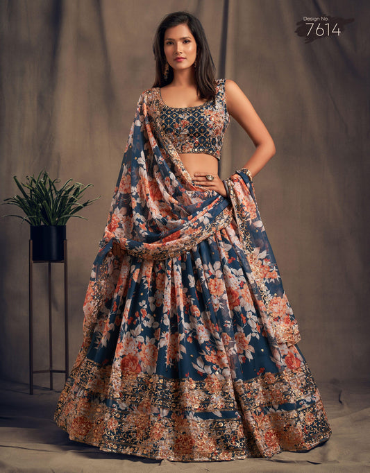 Navy Blue Blossom Beauty Floral Custom Lehenga with Big Flair - Inayakhan Shop