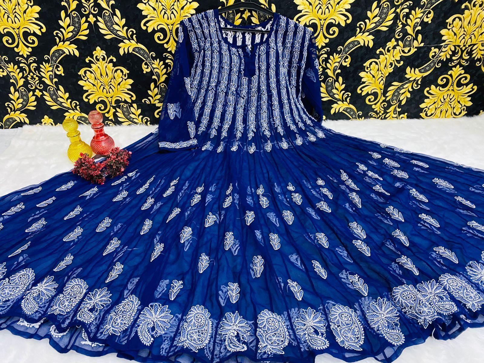 Navy Blue Classic Lucknow Chikankari Anarkali Gown 56 inch Kali Inayakhan Shop Navy Blue Classic Lucknow Chikankari Anarkali Gown 56 inch Kali Inayakhan Shop