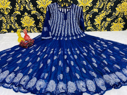Navy Blue Classic Lucknow Chikankari Anarkali Gown 56 inch Kali - Inayakhan Shop 