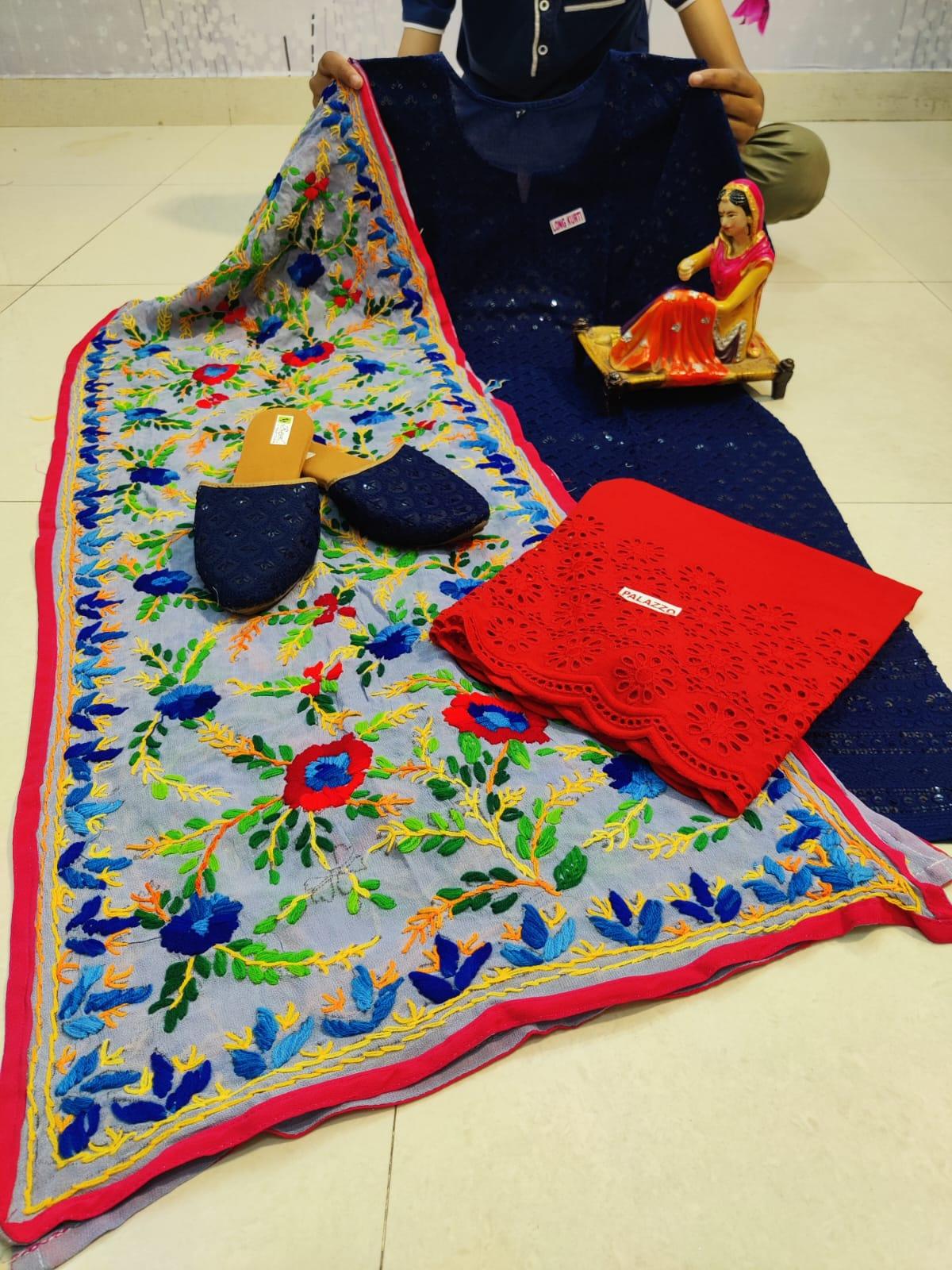 Navy Blue Cotton Phulkari Suit with Beautiful Chikan & Sequins Embroidery Work Shopping Online - Inayakhan Shop 