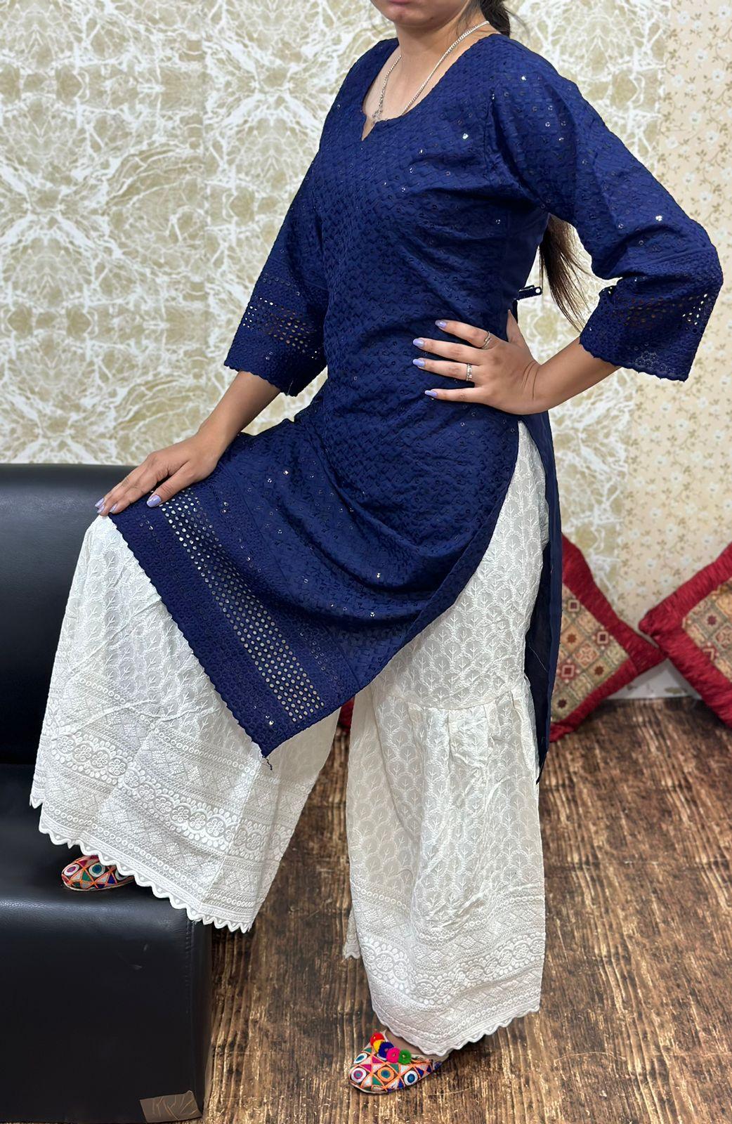 Navy Blue Cutwork Embroidered Kurti with Full Chikan Ghaara Set - Inayakhan Shop 