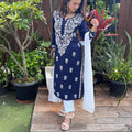 Navy Blue Elegant Lucknowi Chikankari Cotton Kurti 3 pc Set
