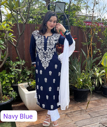 Navy Blue Elegant Lucknowi Chikankari Cotton Kurti 3 pc Set - Inayakhan Shop 