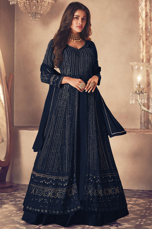 Navy Blue Regal Embroidered Front Slit Long Choli Lehenga Set