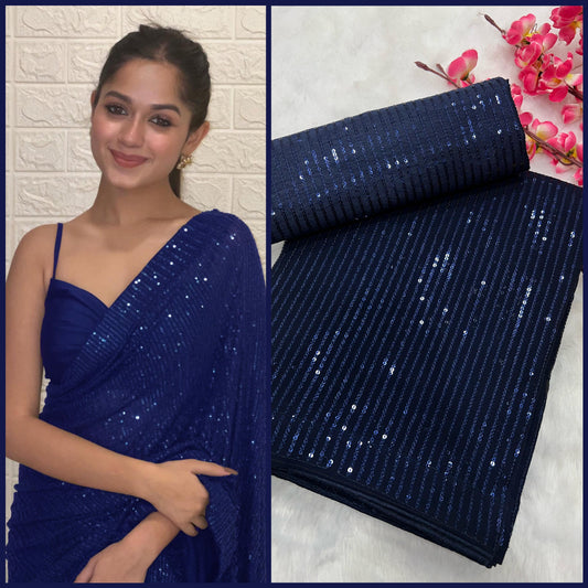 Navy Blue Georgette Sequin Work Saree with Banglori Silk Blouse - Inayakhan Shop 
