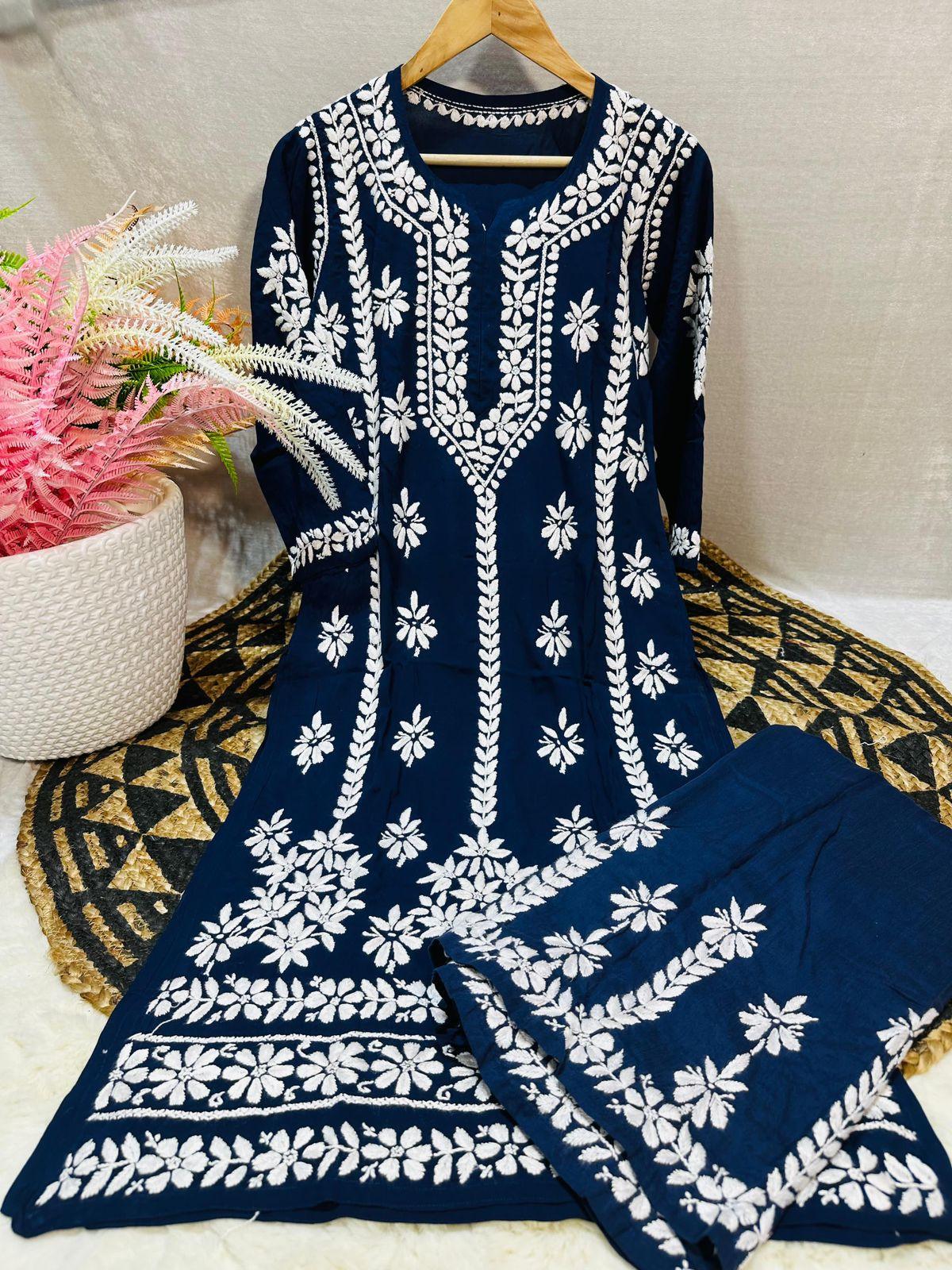 Navy Blue Lucknowi Chikankari Premium Heavy Designer Modal Palazzo Set - Inayakhan Shop 