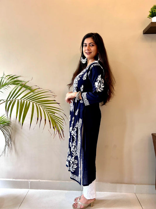 Navy Blue Lucknowi Luxe: Modal Kurti with Heavy Ghas Patti Work & White Chikankari Pants - Inayakhan Shop 