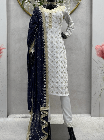 Navy Blue Pakistani Style Salwar Kameez with Mirror Work and Sequins Dupatta - Inayakhan Shop 