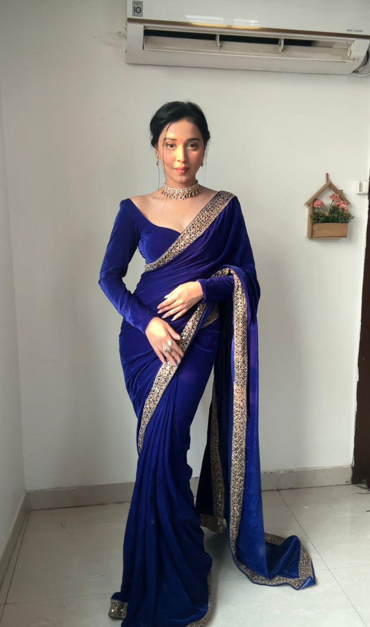 Navy Blue Velvet Elegance 1-Minute Saree Ready-To-Wear Saree Set - Inayakhan Shop 