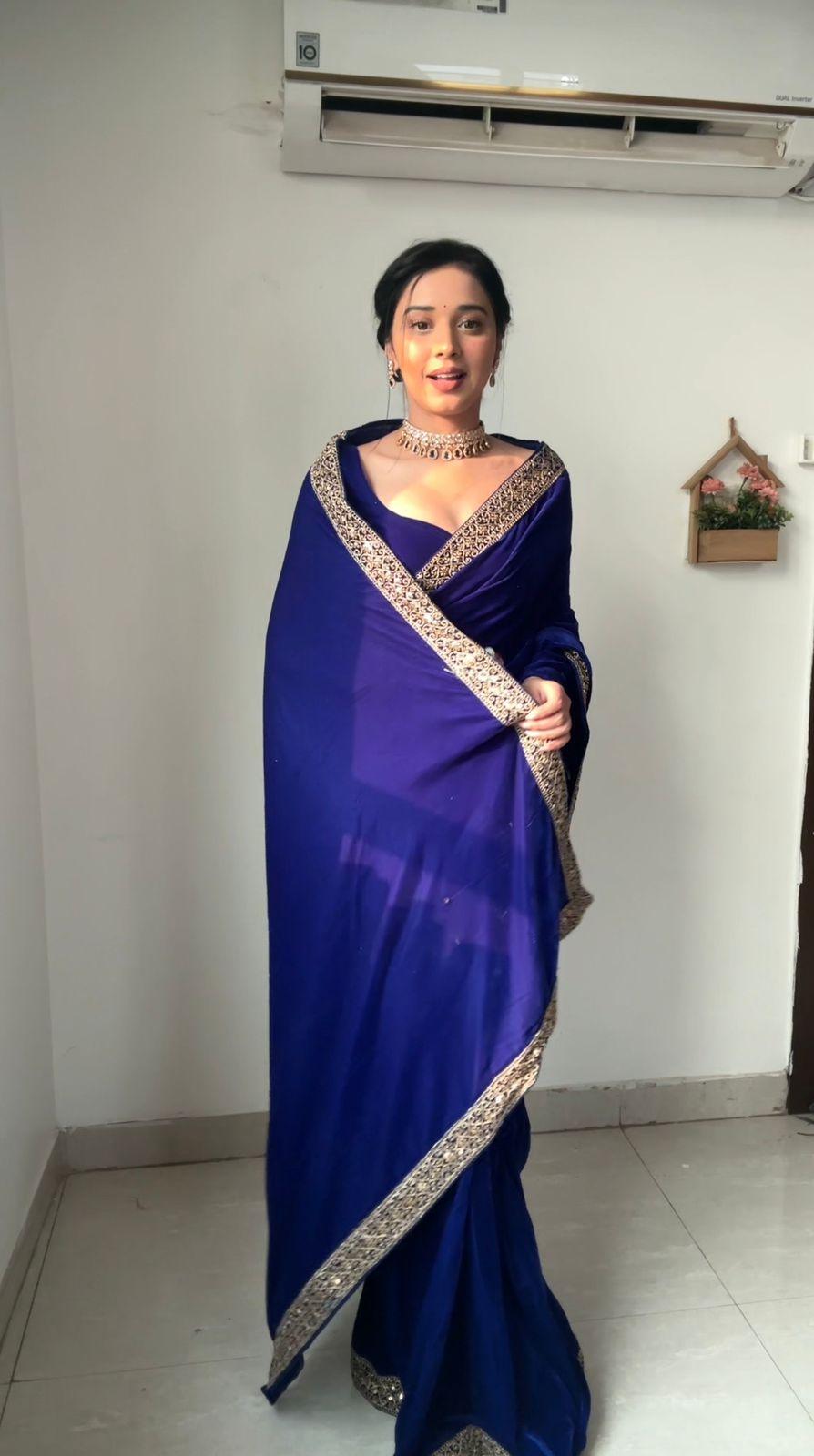 Navy Blue Velvet Elegance 1-Minute Saree Ready-To-Wear Saree Set - Inayakhan Shop 