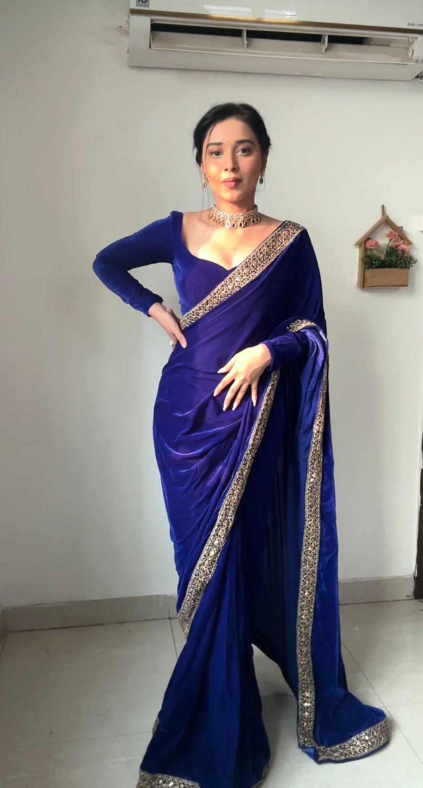 Navy Blue Velvet Elegance 1-Minute Saree Ready-To-Wear Saree Set - Inayakhan Shop 