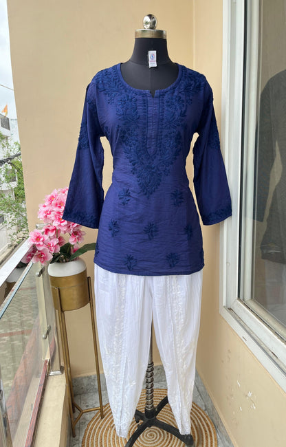 Navy Chanderi Silk Short Chikankari Kurti and Cotton Dhoti Tulip Pant Co-ord Set - Inayakhan Shop 