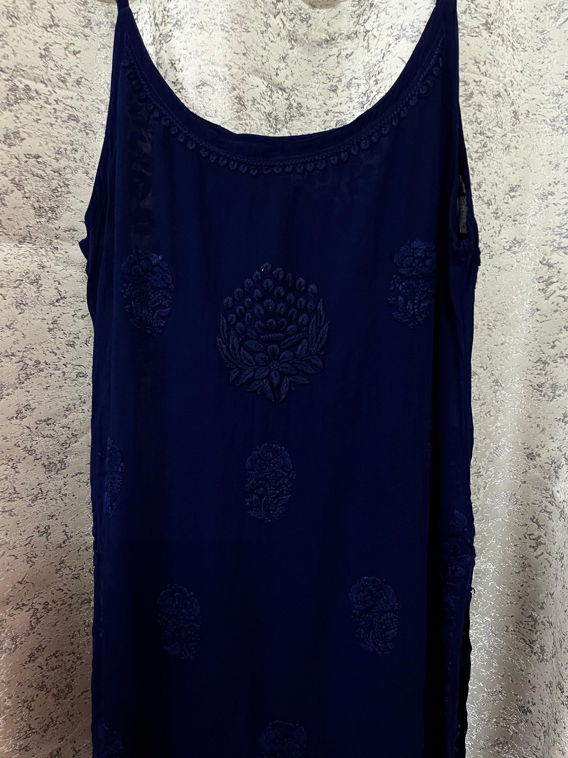 Navy Premium Noodle Strap Viscose Handwork Lucknow Chikankari Kurti - Inayakhan Shop 