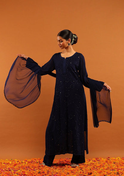 Navy Blue Lucknow Chikankari Viscose Jaal Handwork Mukaish 3 PC Set