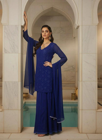 Navy Blue Premium Resham Viscose Jall Short Kurti Set