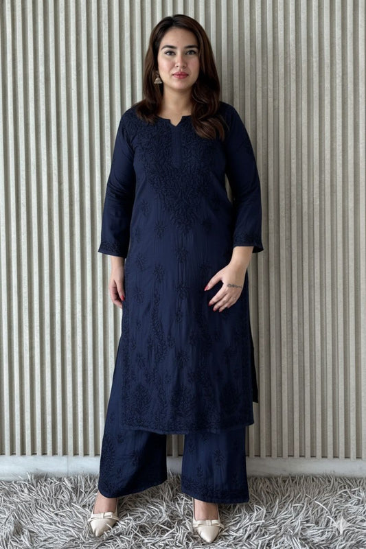 Navy Blue Plus Size Lucknow Chikankari Modal Kurti with Palazzo Set