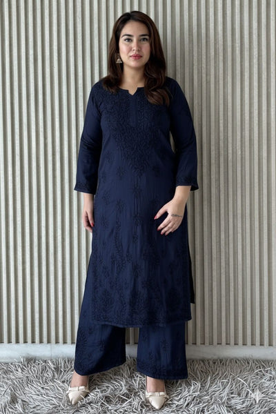 Navy Blue Plus Size Lucknow Chikankari Modal Kurti with Palazzo Set