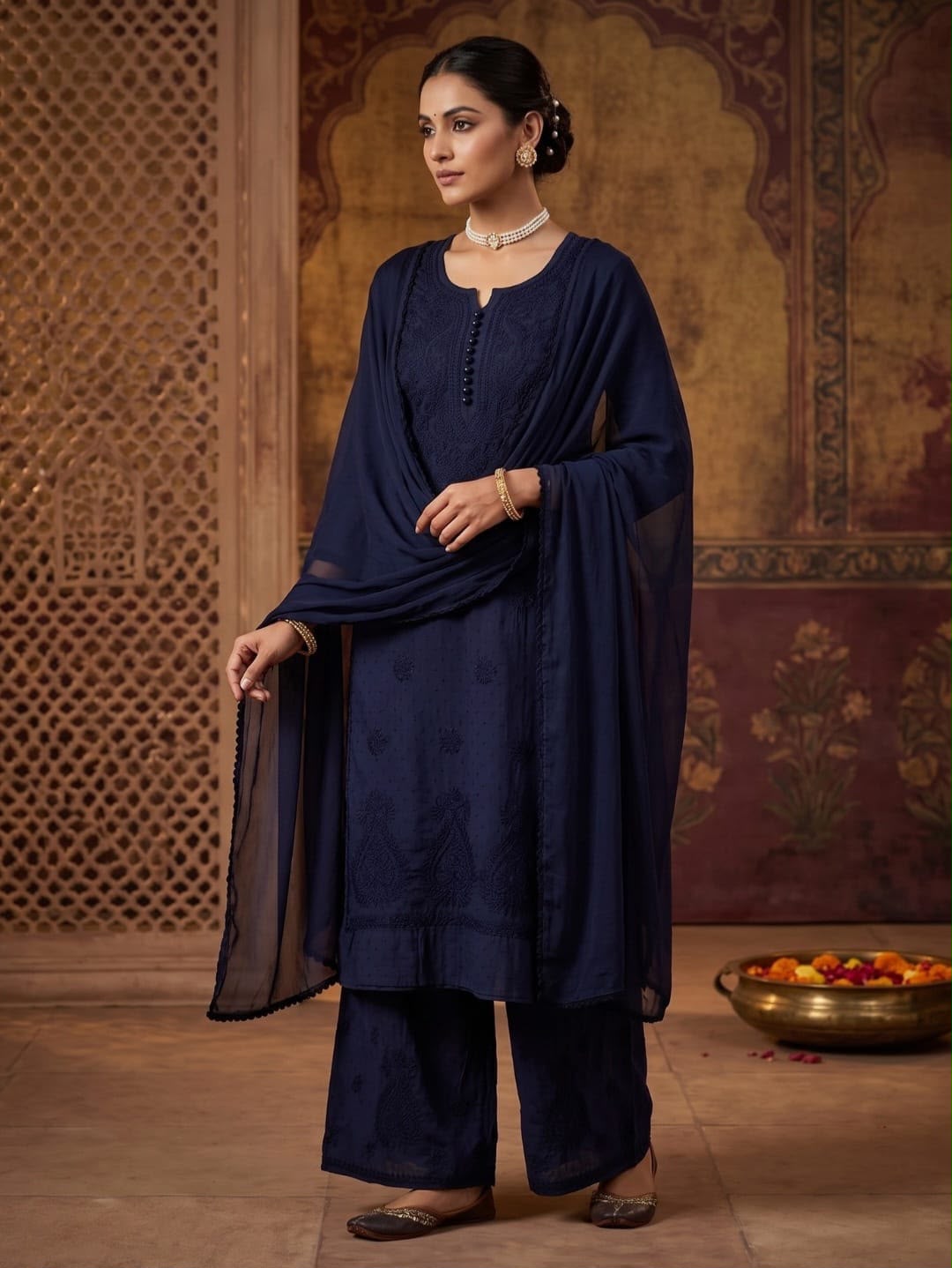 Navy Blue Dobby Cotton Chikankari Kurti Palazzo Dupatta Set – Plus Size