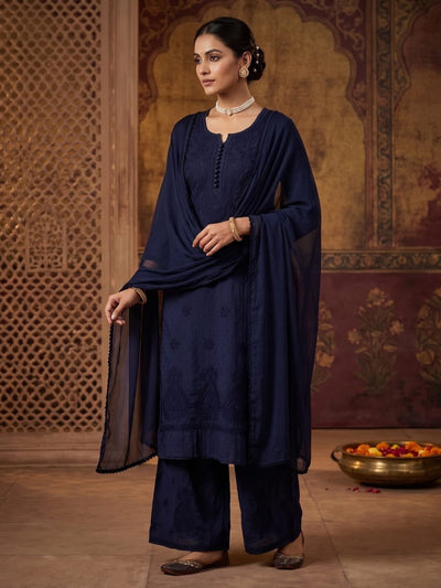 Navy Blue Dobby Cotton Chikankari Kurti Palazzo Dupatta Set – Plus Size