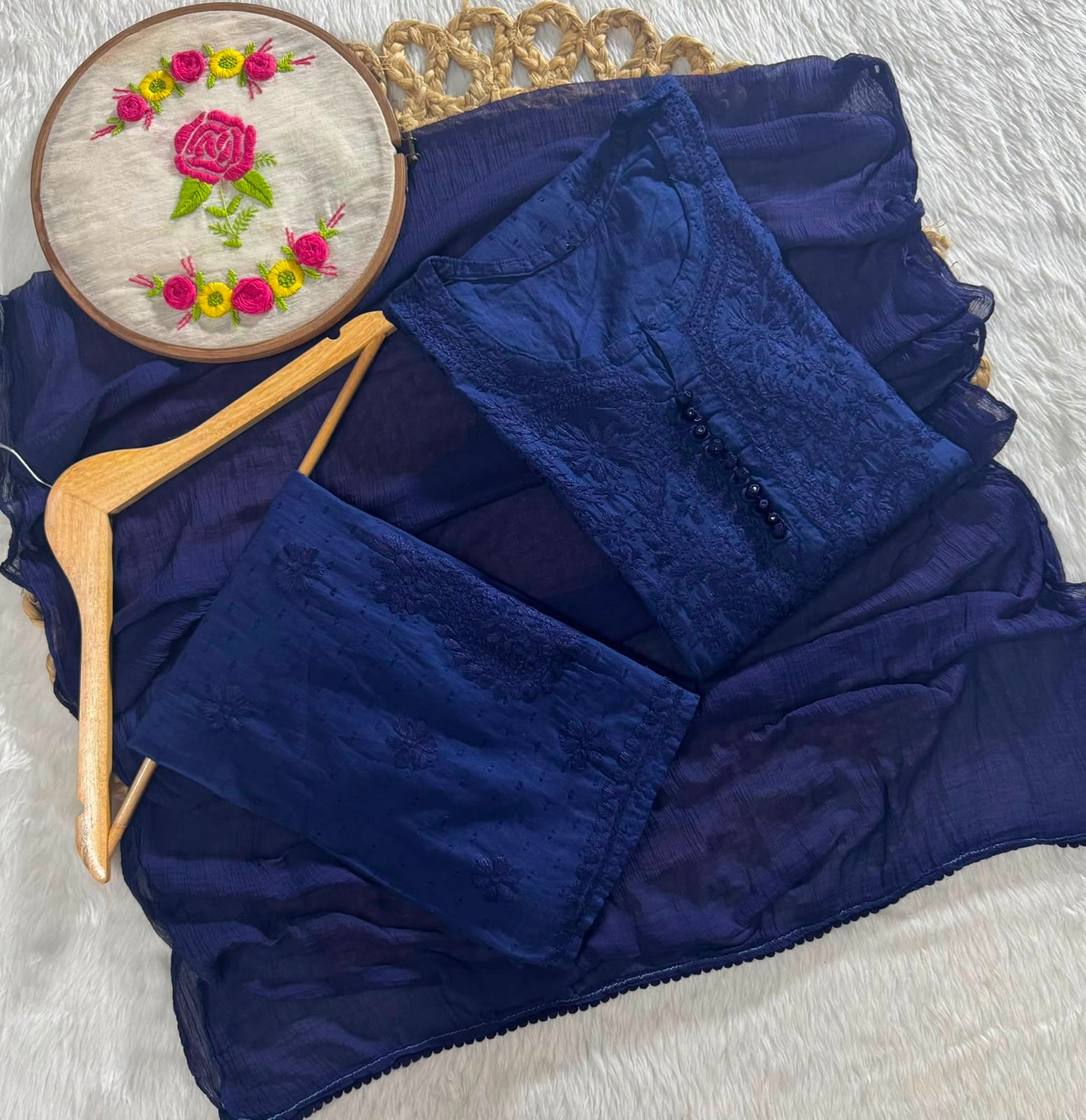 Navy Blue Dobby Cotton Chikankari Kurti Palazzo Dupatta Set – Plus Size