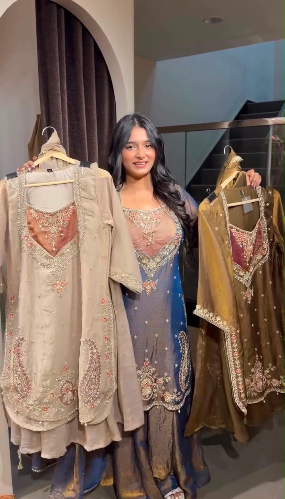NC Moss embroidered palazzo suit color options shown on model