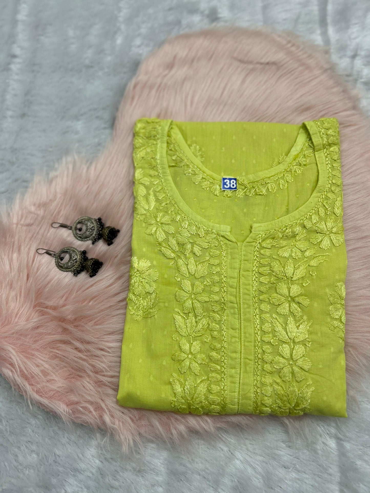 Neon Green 🌸 Exclusive Dye Dobby Cotton Kurti Set with Hand Thread Work 🌸 - Inayakhan Shop 