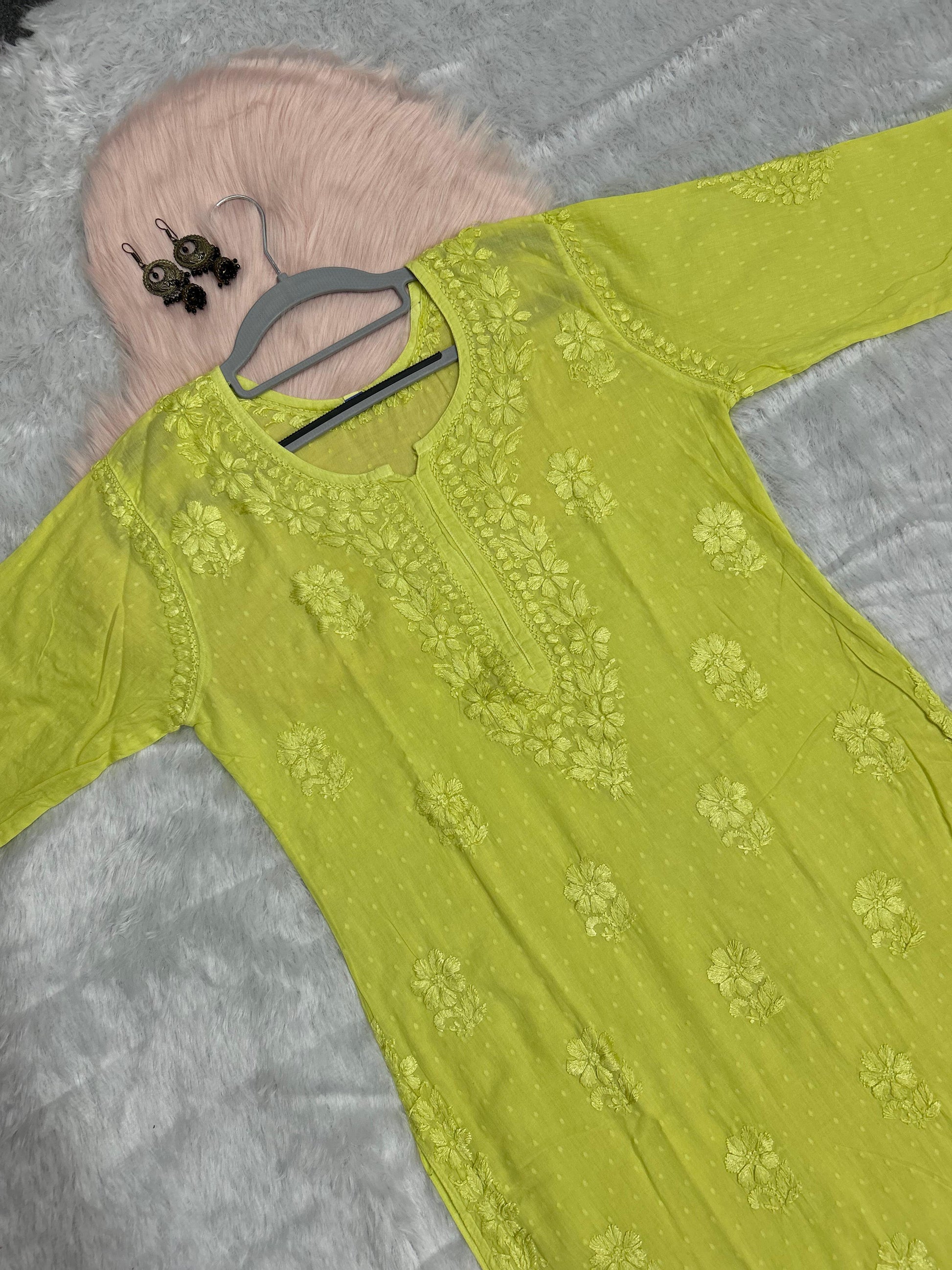 Neon Green 🌸 Exclusive Dye Dobby Cotton Kurti Set with Hand Thread Work 🌸 - Inayakhan Shop 