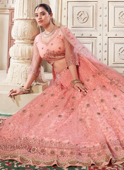 Radiant Peach Bridesmaid & Wedding Guest Lehenga Choli with Diamond Work