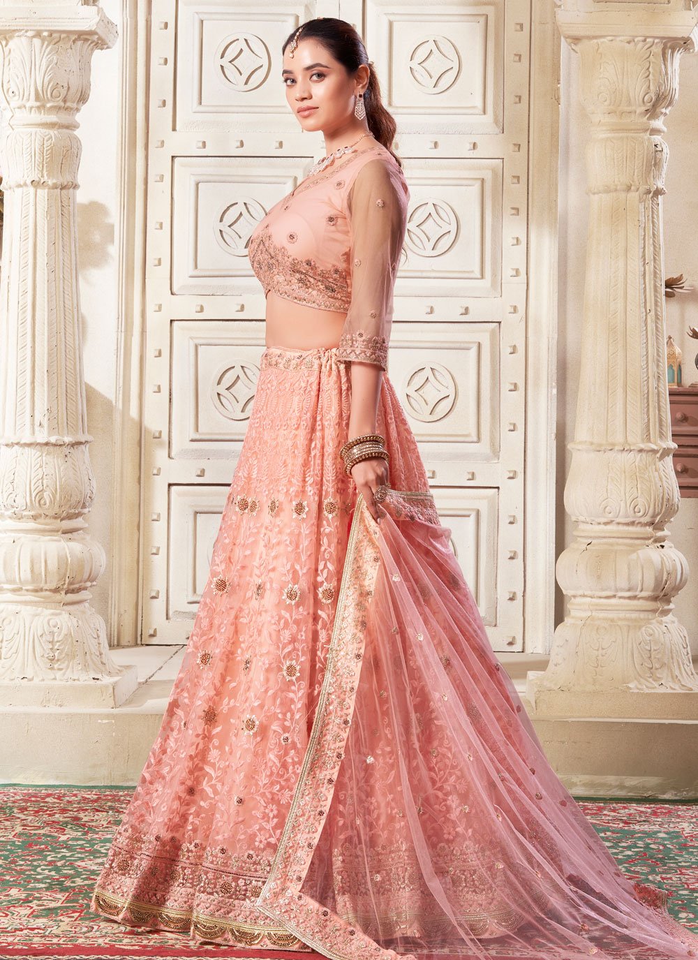 Radiant Peach Bridesmaid & Wedding Guest Lehenga Choli with Diamond Work