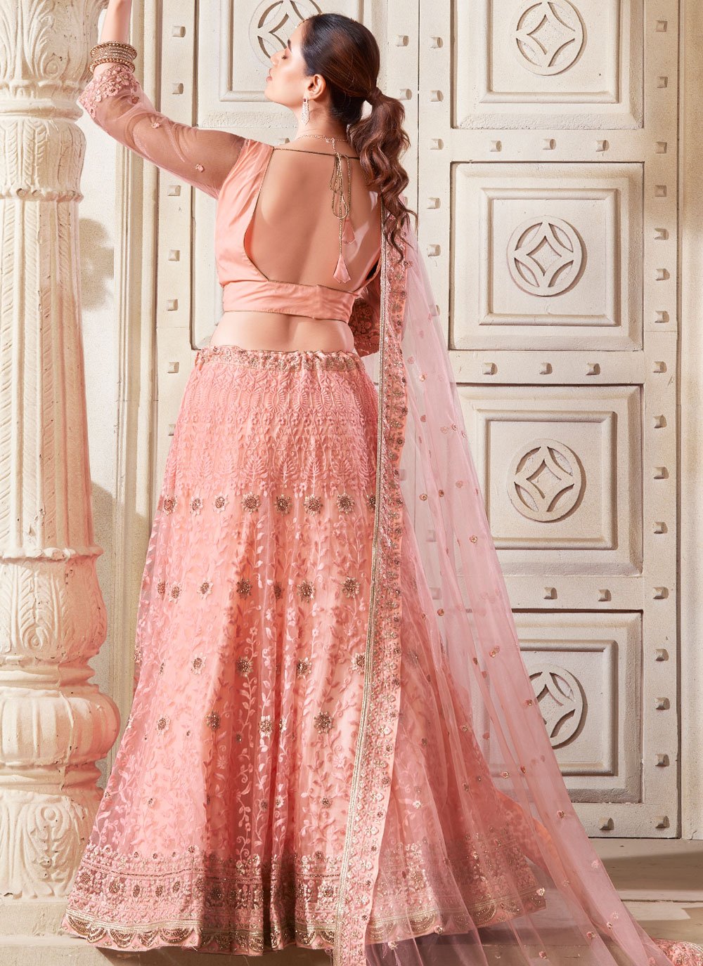 Radiant Peach Bridesmaid & Wedding Guest Lehenga Choli with Diamond Work