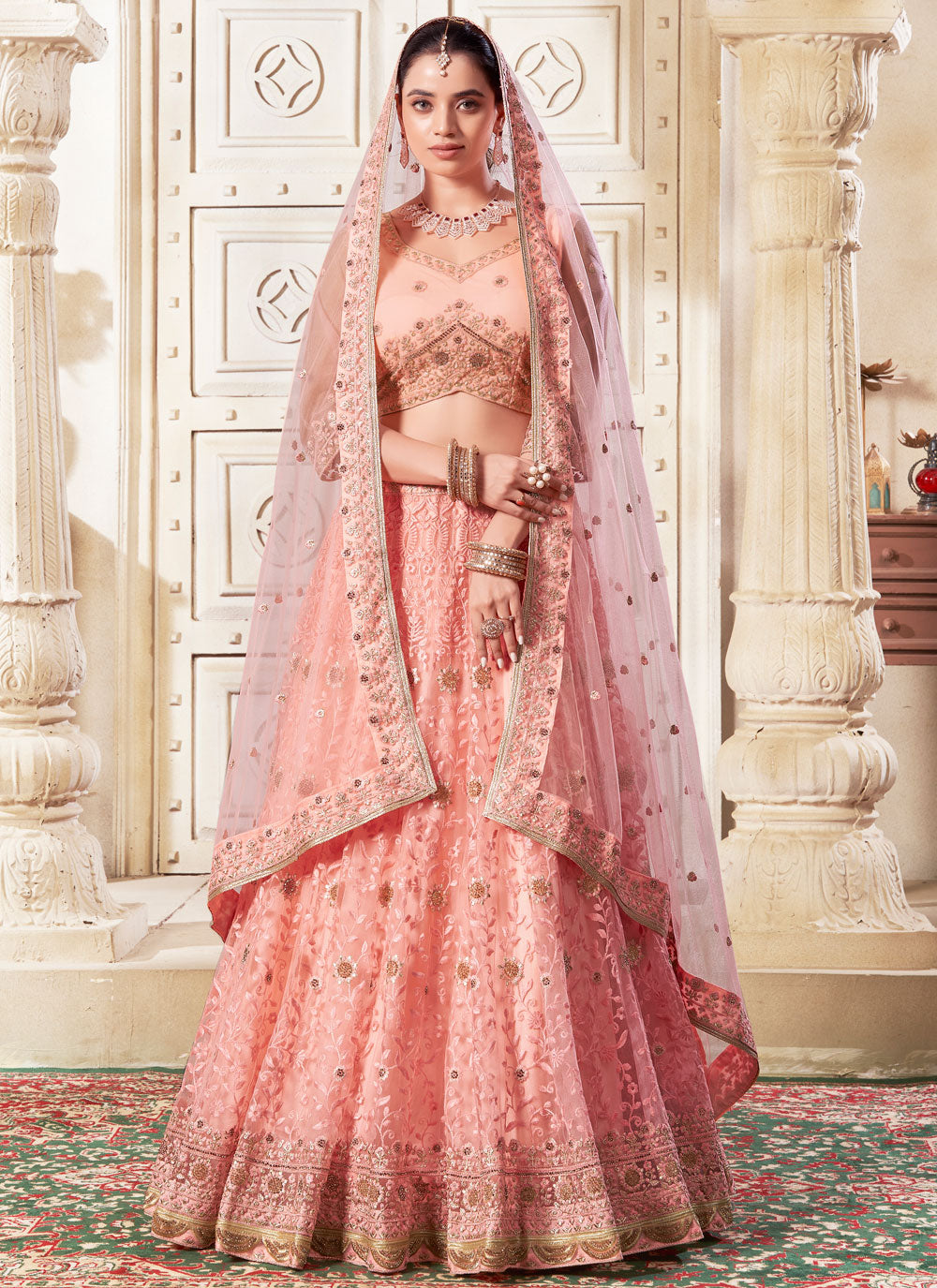 Radiant Peach Bridesmaid & Wedding Guest Lehenga Choli with Diamond Work