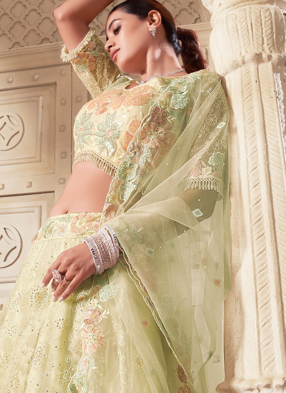 Light yellow Bridesmaid & Wedding Guest Lehenga Choli with Diamond Work