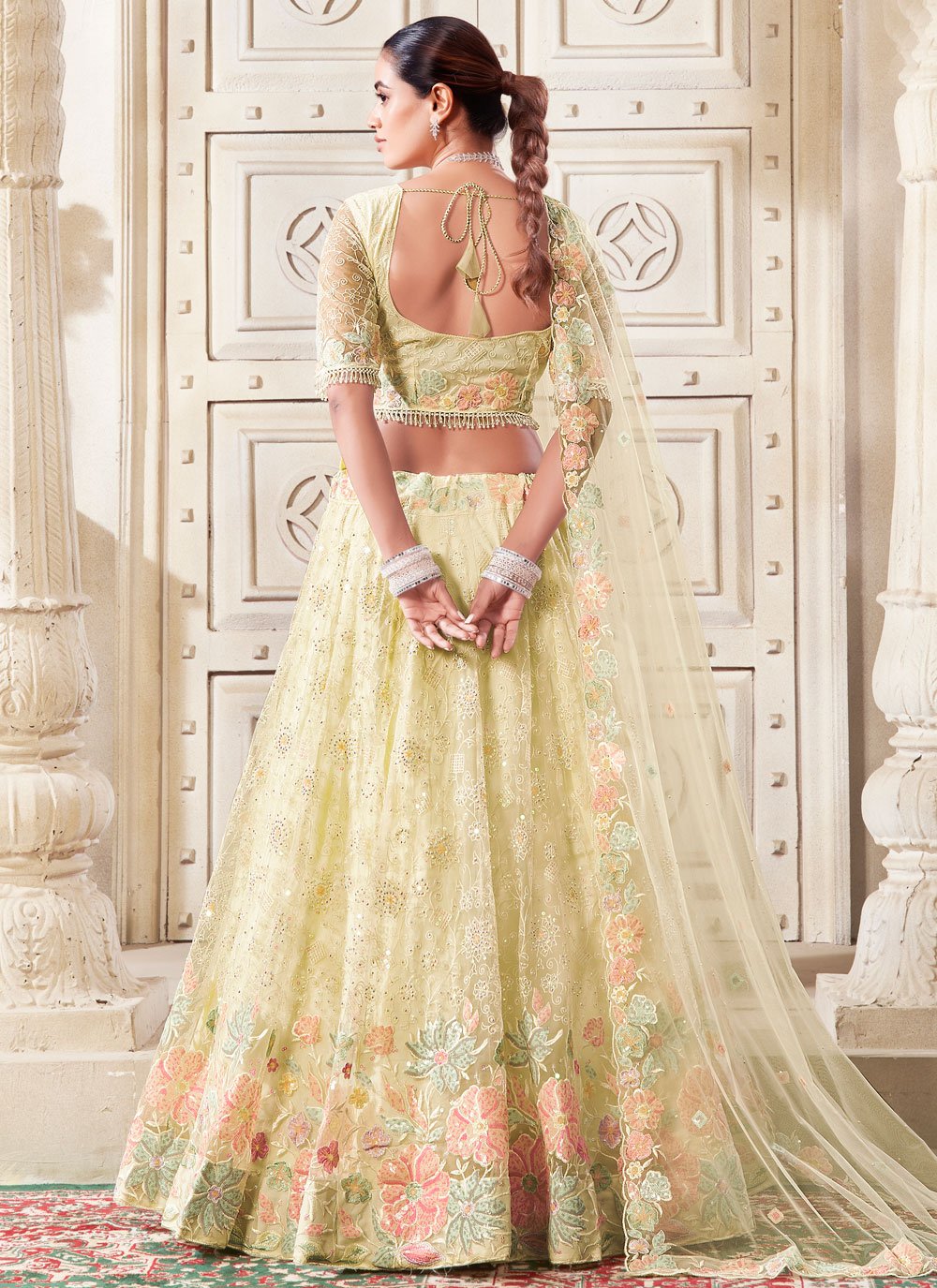 Light yellow Bridesmaid & Wedding Guest Lehenga Choli with Diamond Work