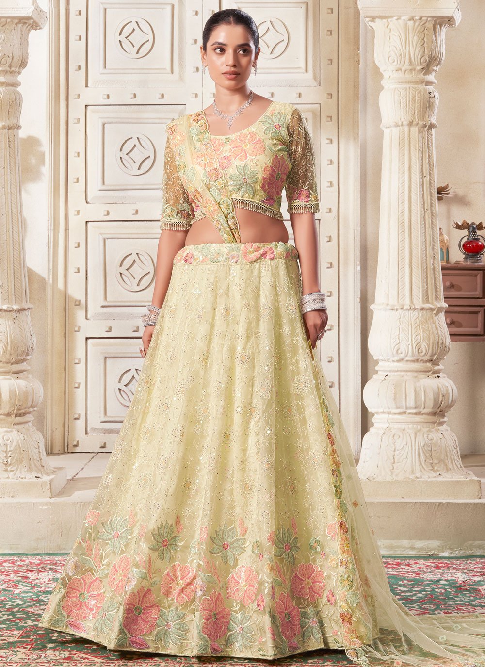 Light yellow Bridesmaid & Wedding Guest Lehenga Choli with Diamond Work