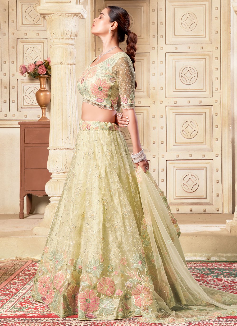 Light yellow Bridesmaid & Wedding Guest Lehenga Choli with Diamond Work