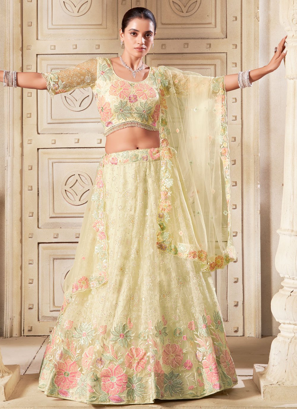 Light yellow Bridesmaid & Wedding Guest Lehenga Choli with Diamond Work